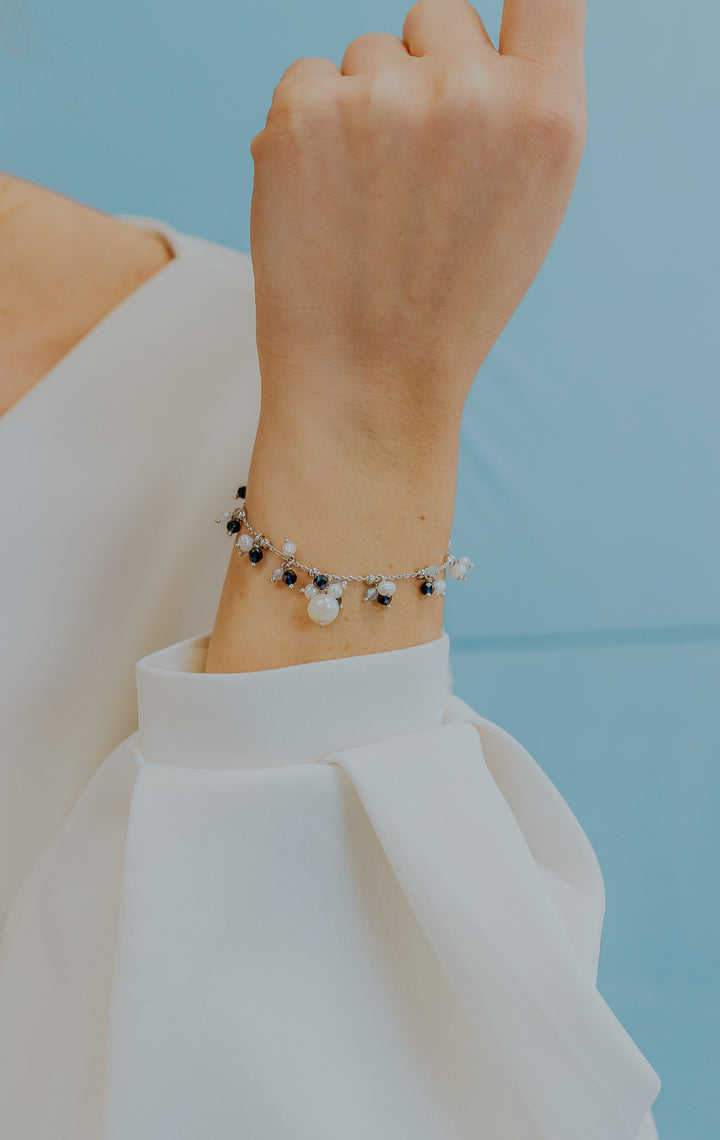 Comete 925‰ Silver Bracelet with Aquamarine, blue stones and freshwater pearls BRA271