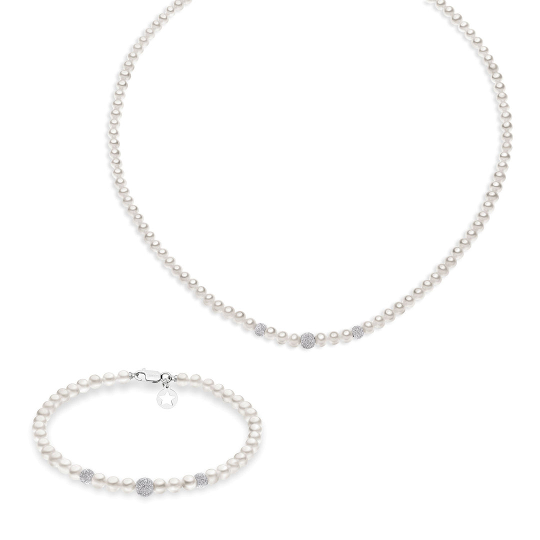 Comete Halskette und Armband mit Süßwasserperlen in Gold und Diamantkugeln KIT195195