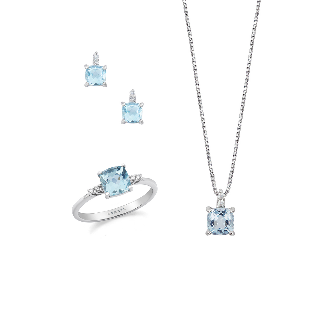 Comete Halskette, Ring und Ohrringe 750‰ Gold, Diamanten im Altschliff und Aquamarin KIT307342266