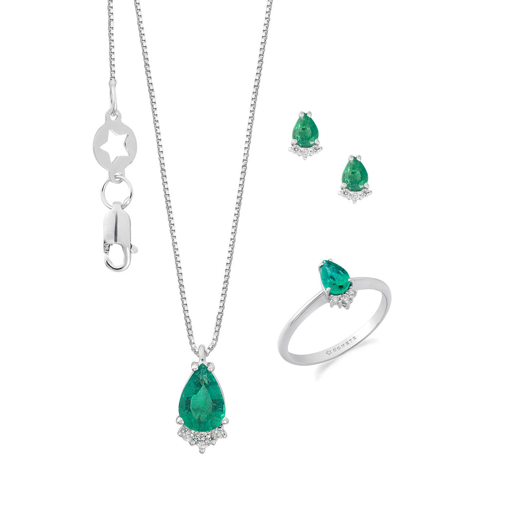 Comete Ring, ketting en oorbellen 750‰ goud, diamanten en smaragd druppel KIT169927421151