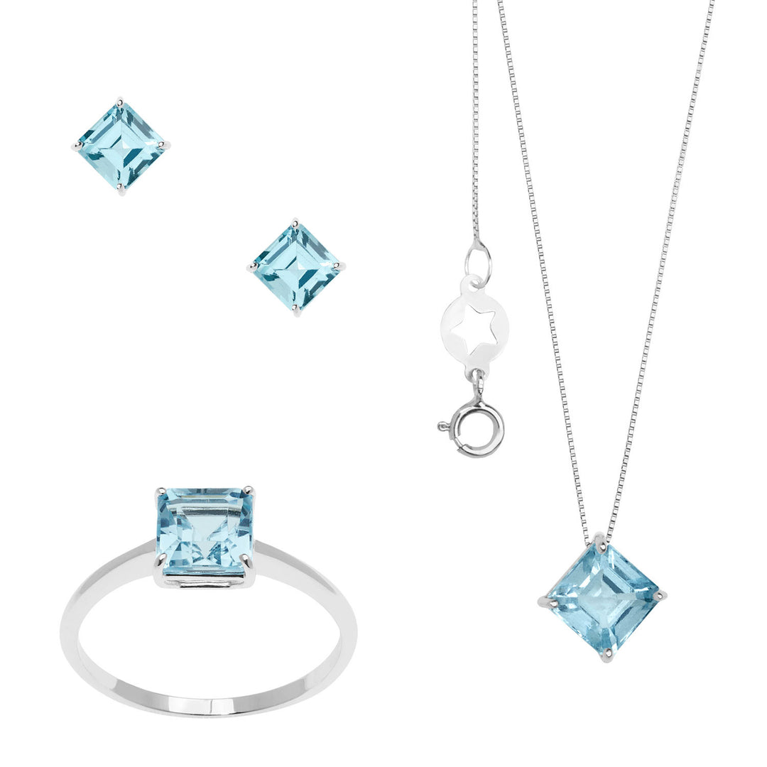 Comete ketting, ring en oorbellen in wit goud met blauwe topaas Carrè KIT164526801096