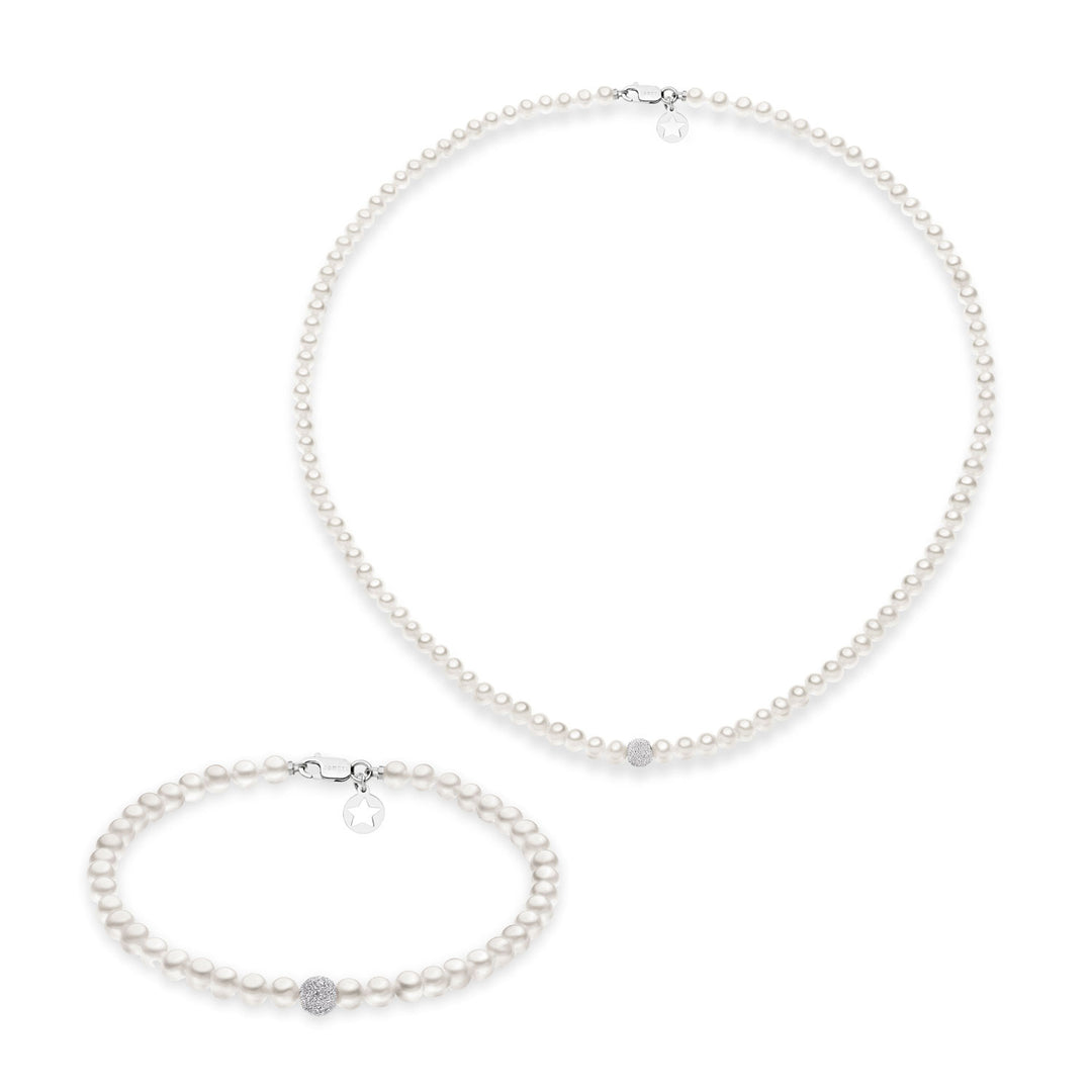 Comete Necklace and Bracelet with Freshwater Pearls in Gold and Diamond Sphere KIT196196