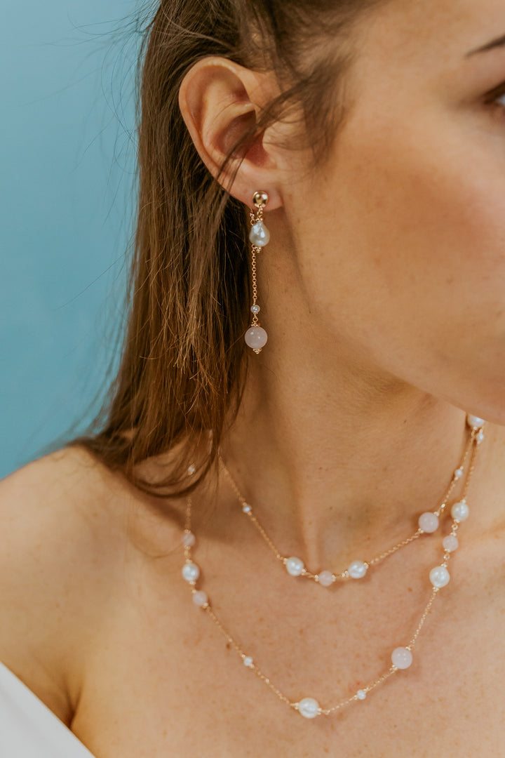 Comete Earrings in 925‰ Silver with Acquadolce Pearls and Rose Quartz ORA227