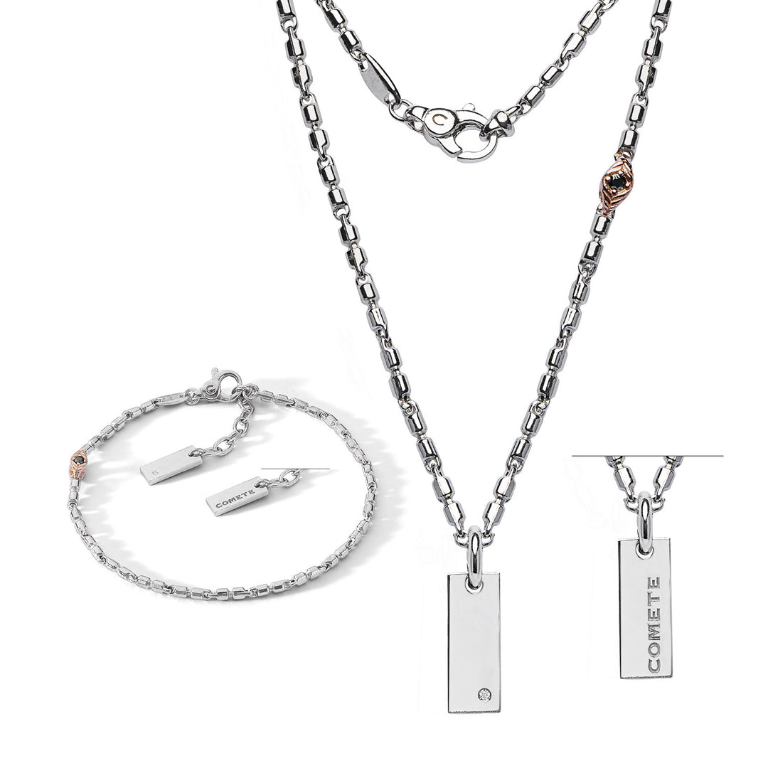 Comete-Armband und Halskette aus poliertem und roséfarbenem Silber, Diamant und schwarzen Spinellen KIT7521260