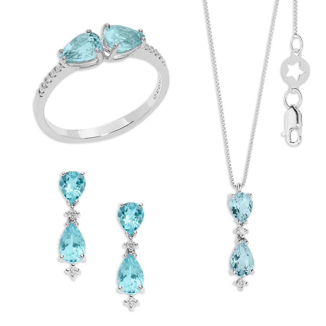 Comete ring, ketting en oorbellen gouden diamanten en aquamarijndruppel KIT299328262