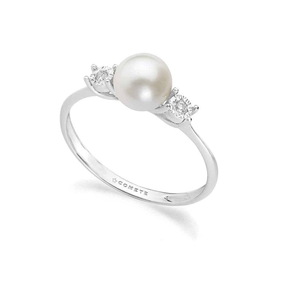 Comete-ring in 375‰ witgoud met witte diamanten en gekweekte parel KANP003
