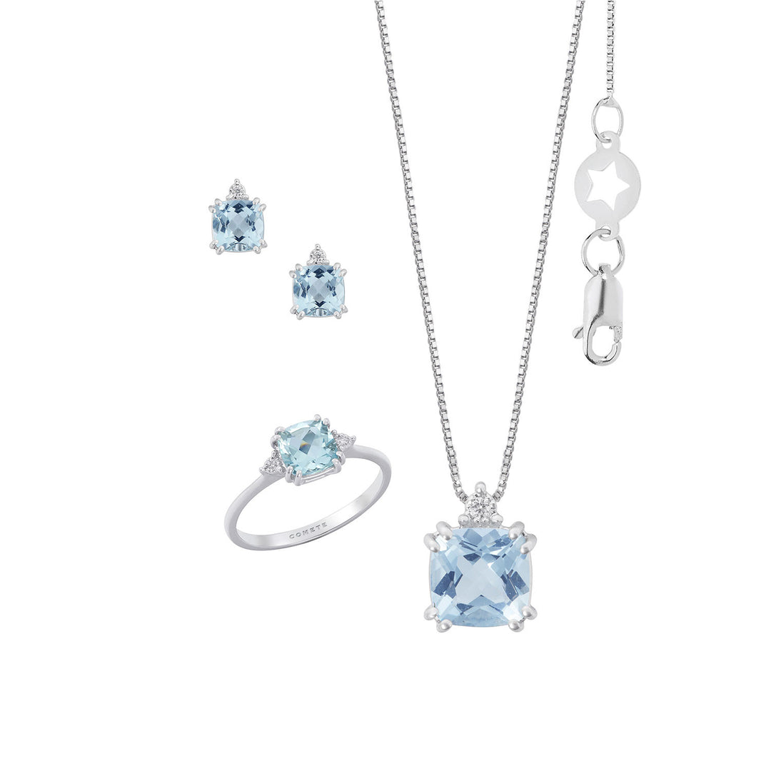 Comete Ring, Necklace and Earrings Aquamarina Antique cut in Gold and White Diamonds KIT314249274
