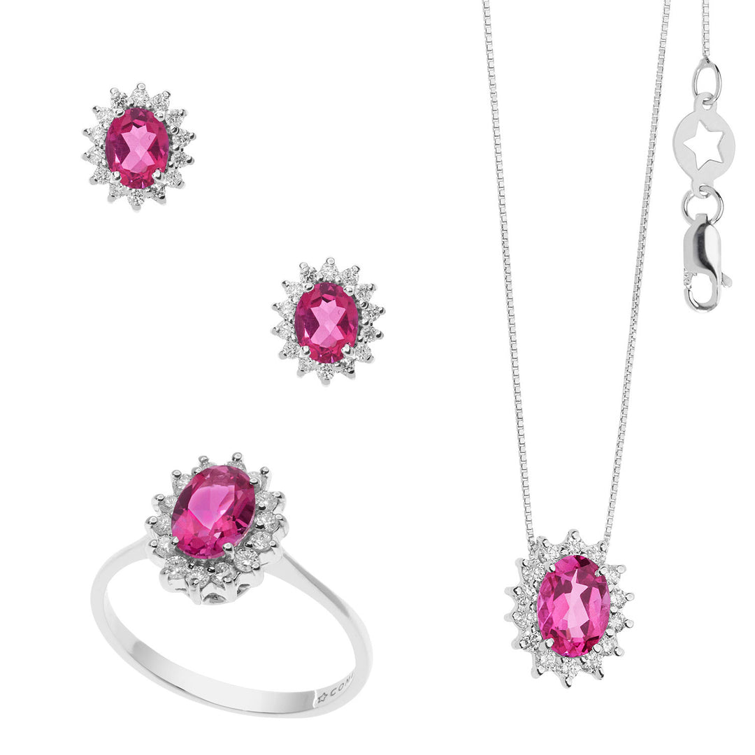 Comete-Halskette, Ring und Ohrringe aus Gold, Diamanten und ovalem rosa Topas KIT157925931037