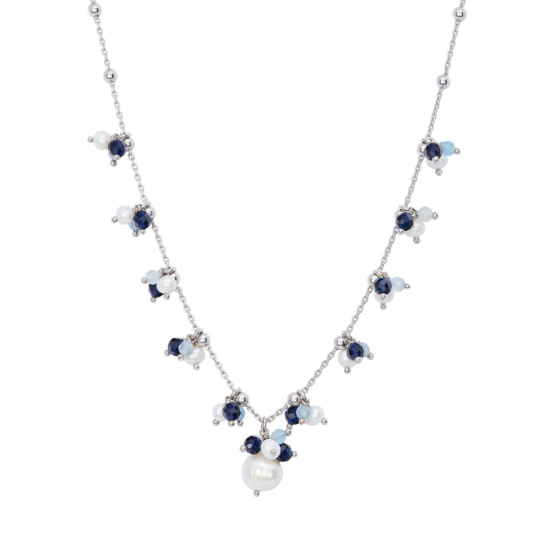 Comete Necklace in 925‰ Silver with Aquamarine, blue stones and freshwater pearls GLA271