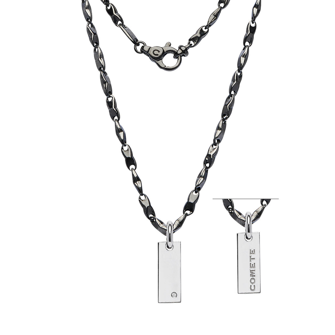 Comete Necklace in burnished and polished Silver, Diamond and black Spinels UGL751
