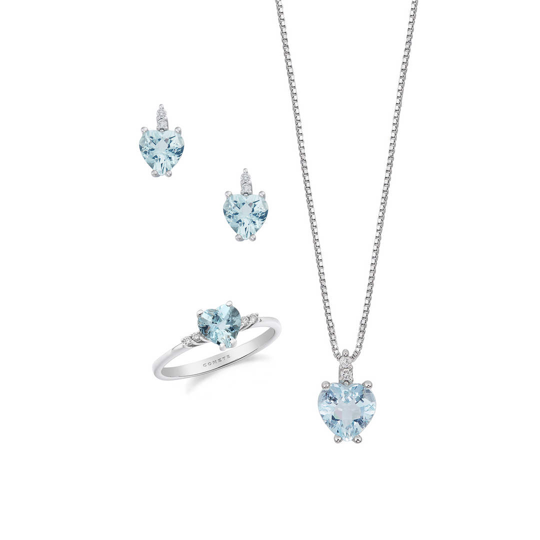 Comete ketting, ring en oorbellen in 750‰ goud, diamanten en aquamarijn hart KIT306341265