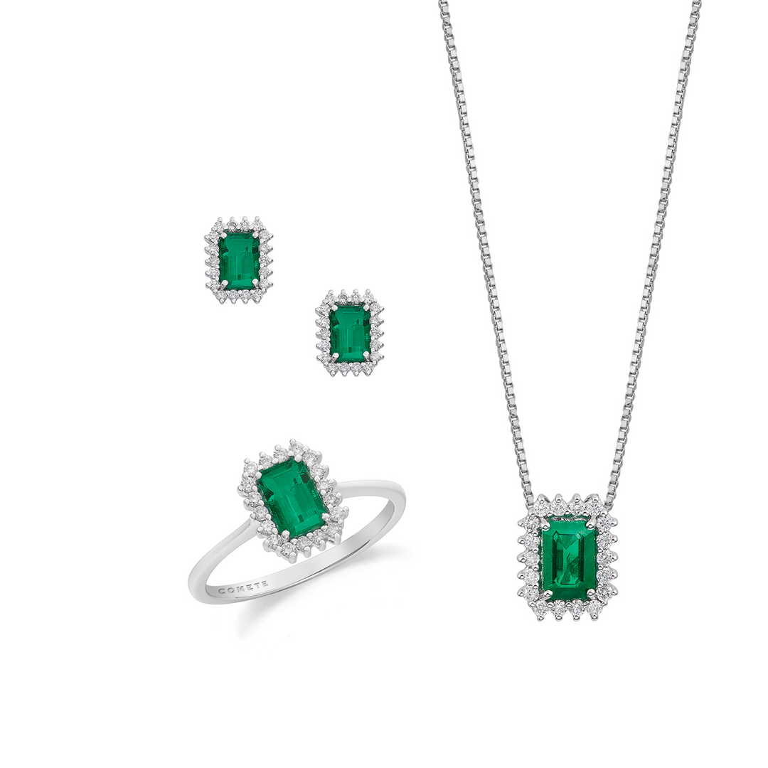 Comete ketting, ring en oorbellen 750‰ goud, witte diamanten en achthoekige smaragd KIT166526951109