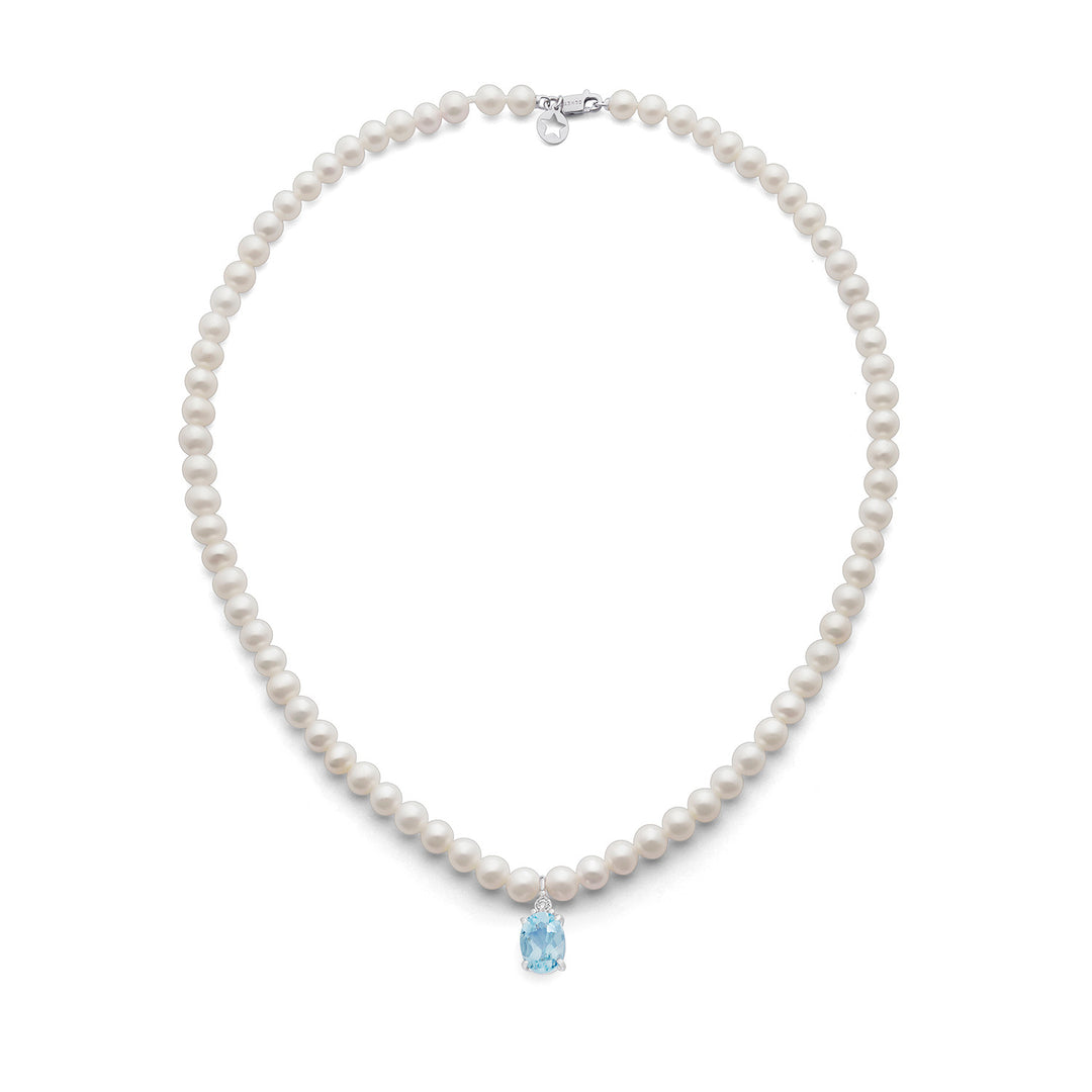 Comete ketting parels in goud en diamant en aquamarijn ovaal FWQ380