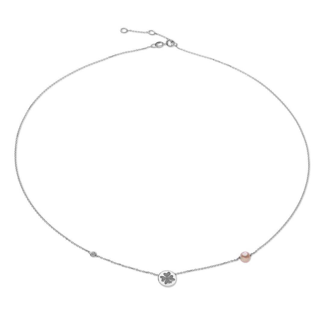 Comete ketting in wit goud met klavertje vier en roze parel GLP503