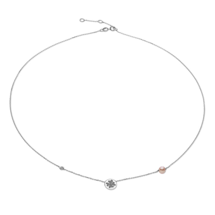 Comete ketting in wit goud met klavertje vier en roze parel GLP503