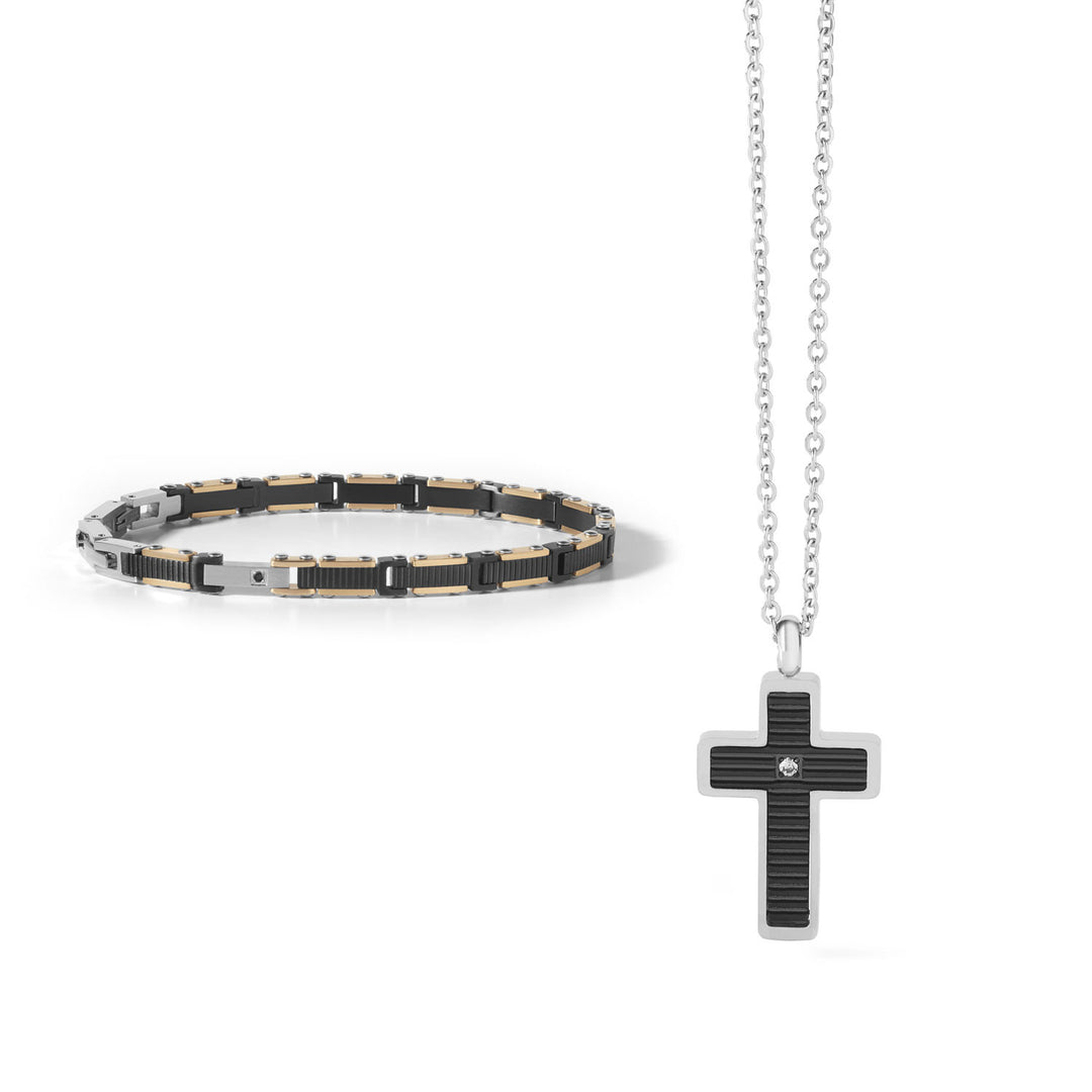 Comete Bracelet and Necklace Faces in Steel and PVD black and pink KIT635890
