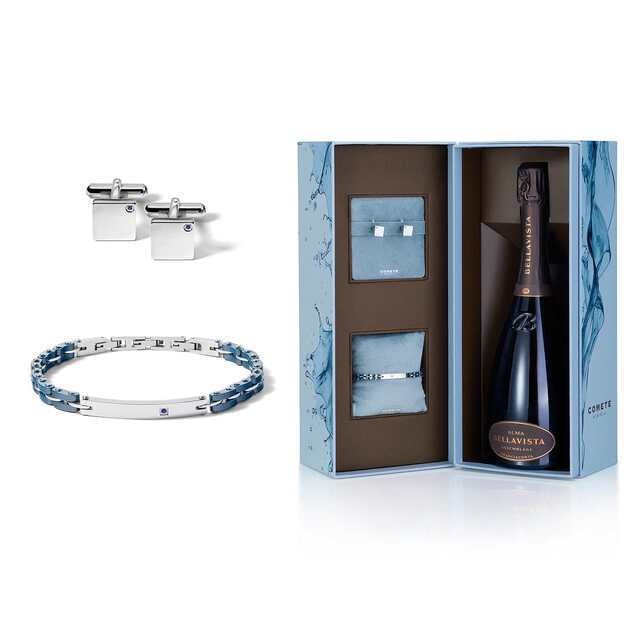 Comete Regalo Divino Kit stalen keramische armband en blauwe saffier manchetknopen KITGVZAF