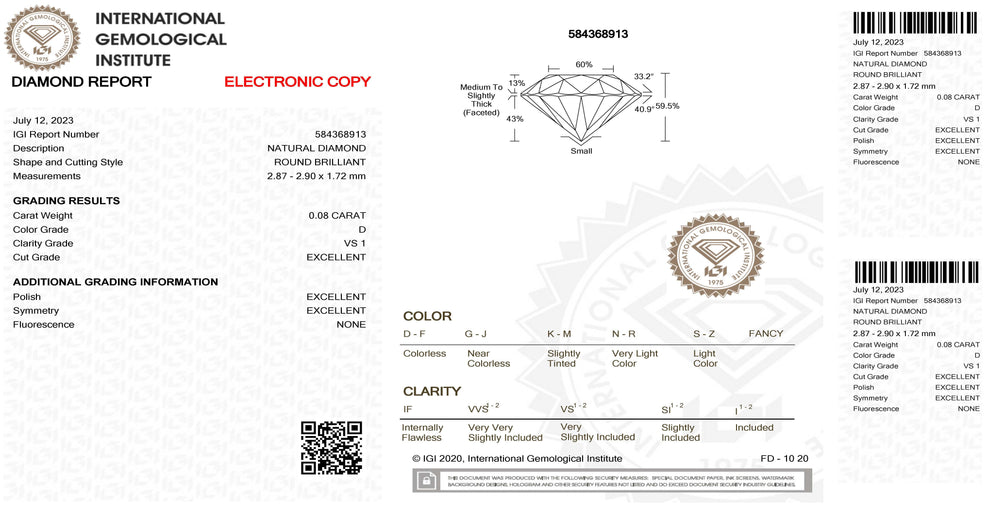 IGI-Diamant im Blister mit zertifiziertem Brillantschliff von 0,08 ct, Farbe D, Reinheit VS 1 – Capodagli 1937