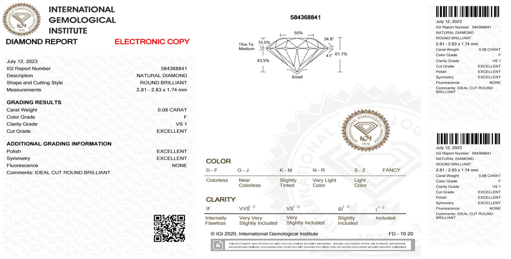 IGI-Diamant im Blister, zertifizierter Brillantschliff, 0,08 ct, Farbe F, Reinheit VS 1 – Capodagli 1937