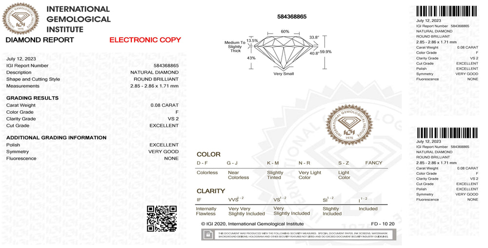 IGI-Diamant im Blister mit zertifiziertem Brillantschliff, 0,08 ct, Farbe F, Reinheit VS 2 – Capodagli 1937