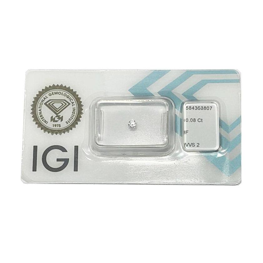 IGI-Diamant im Blister, zertifizierter Brillantschliff, 0,08 ct, Farbe F, Reinheit VVS 2 – Capodagli 1937