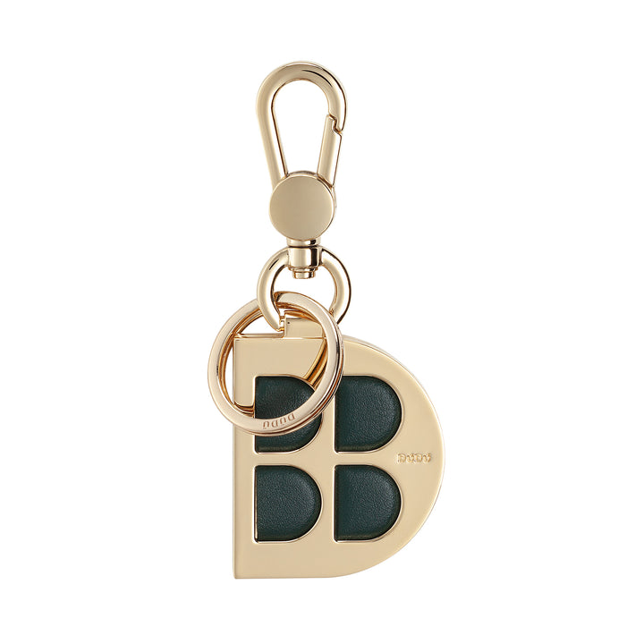 DUDU D-Shaped Metal Keychain with Genuine Leather Inserts, Golden Keyring with Carabiner and Ring, Keyring for Car Home Office