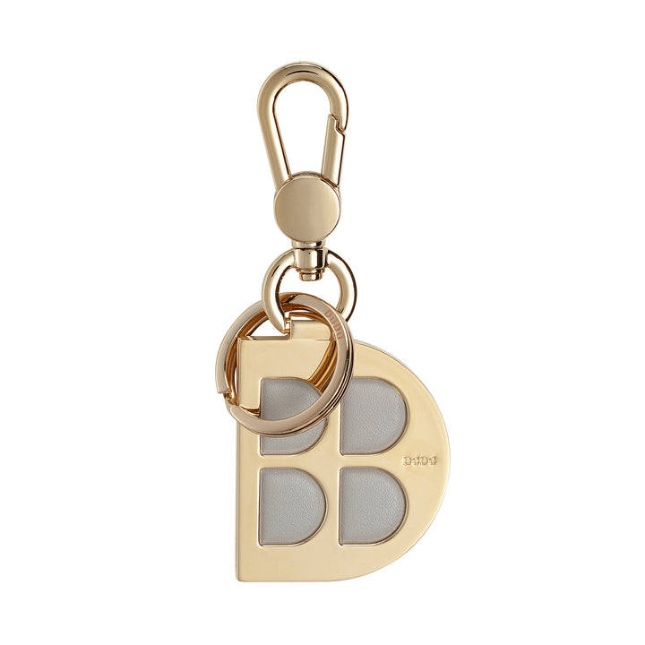 DUDU D-Shaped Metal Keychain with Genuine Leather Inserts, Golden Keyring with Carabiner and Ring, Keyring for Car Home Office