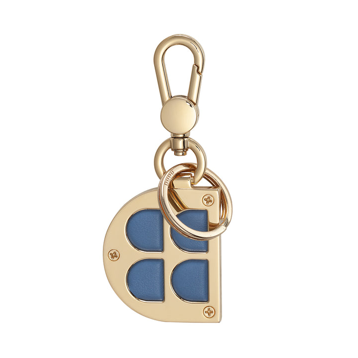 DUDU D-Shaped Metal Keychain with Genuine Leather Inserts, Golden Keyring with Carabiner and Ring, Keyring for Car Home Office