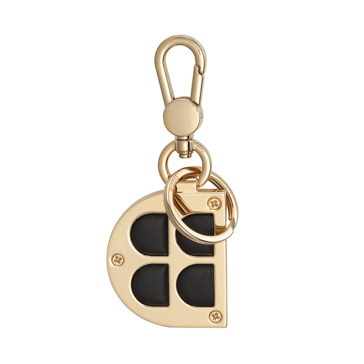 DUDU D-Shaped Metal Keychain with Genuine Leather Inserts, Golden Keyring with Carabiner and Ring, Keyring for Car Home Office