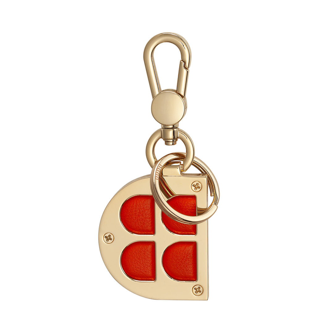 DUDU D-Shaped Metal Keychain with Genuine Leather Inserts, Golden Keyring with Carabiner and Ring, Keyring for Car Home Office