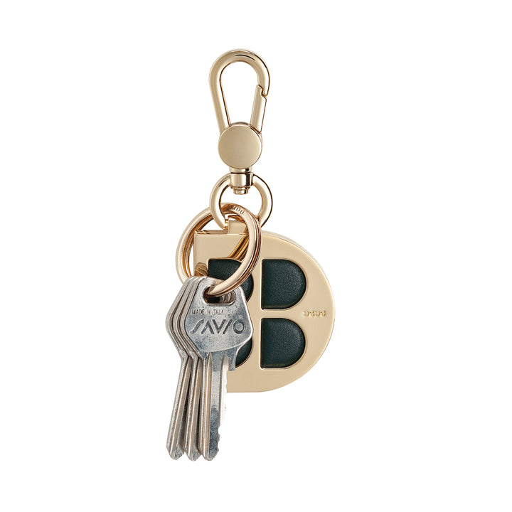 DUDU D-Shaped Metal Keychain with Genuine Leather Inserts, Golden Keyring with Carabiner and Ring, Keyring for Car Home Office
