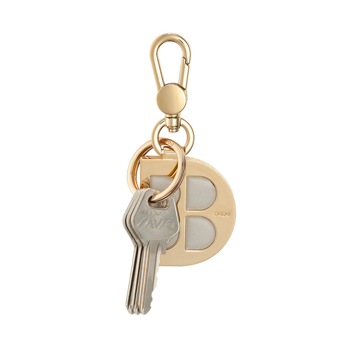 DUDU D-Shaped Metal Keychain with Genuine Leather Inserts, Golden Keyring with Carabiner and Ring, Keyring for Car Home Office