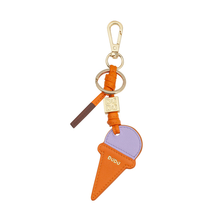 Dudu leather key ring with ice cream cone, keychain men woman, with ring and carabiner, summer keychain design