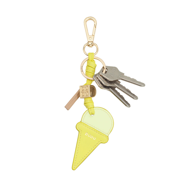 Dudu leather key ring with ice cream cone, keychain men woman, with ring and carabiner, summer keychain design