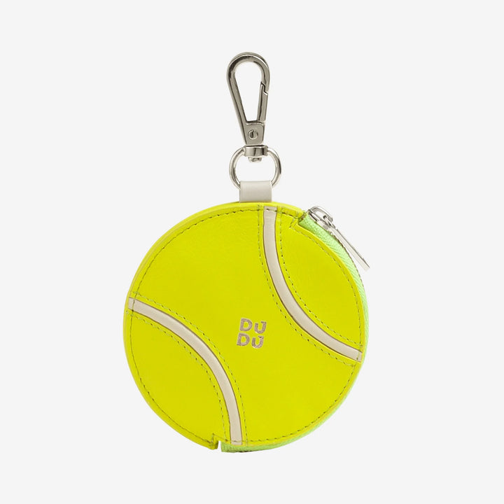 DUDU tennisbalvormige portemonnee van echt leer met ritssluiting, beperkte editie, met karabijnhaak, exclusief ontwerp, geel