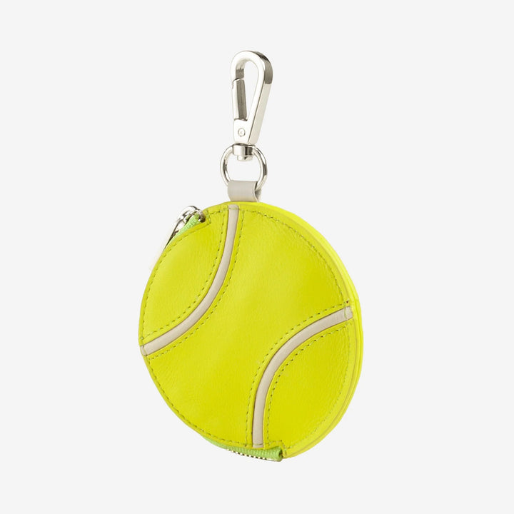 DUDU tennisbalvormige portemonnee van echt leer met ritssluiting, beperkte editie, met karabijnhaak, exclusief ontwerp, geel
