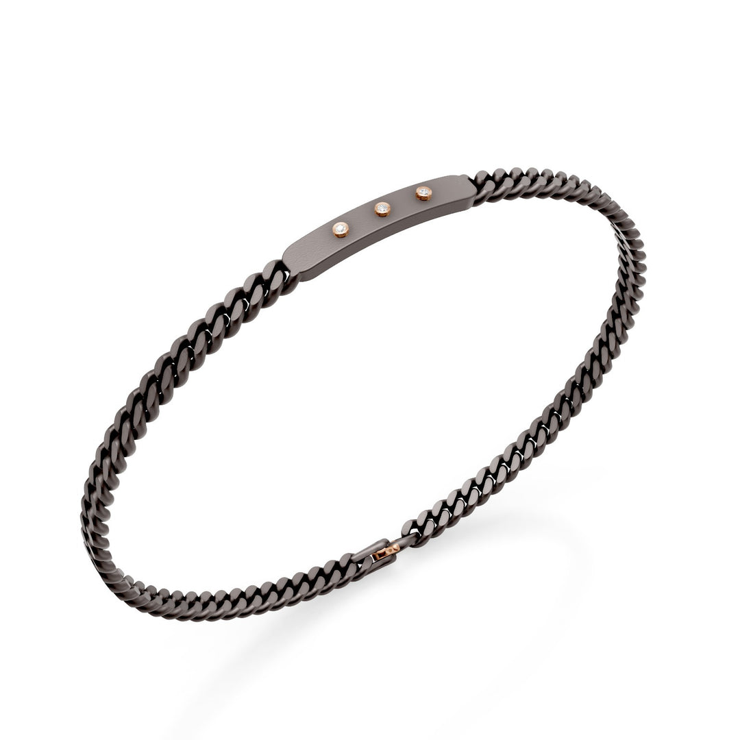 World Diamond Group gray titanium groumette bracelet, with central bar and 18k rose gold cylinders, set with diamonds, 18cm GBR042O3DIGR-180