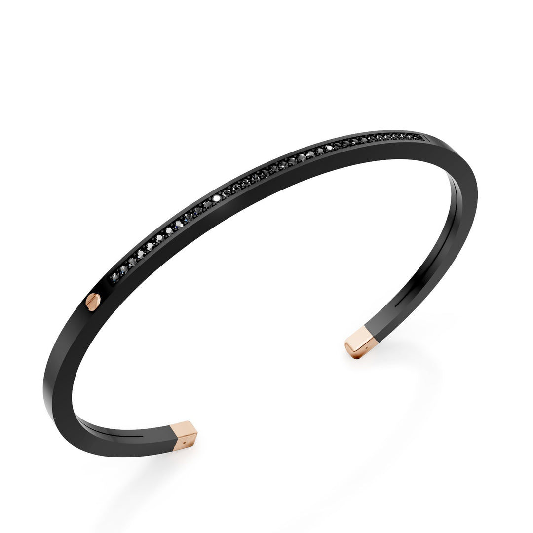 World Diamond Group slave bracelet in black titanium, with a row of black diamonds and 18kt rose gold inserts, medium size GBR036O3BKNE_M