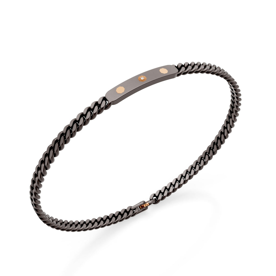 World Diamond Group grumette-armband in grijs titanium, met centrale staaf en achthoekige inzetstukken in 18k roségoud, waarvan de centrale is bezet met een diamant, 21 cm GBR045O3DIGR-210