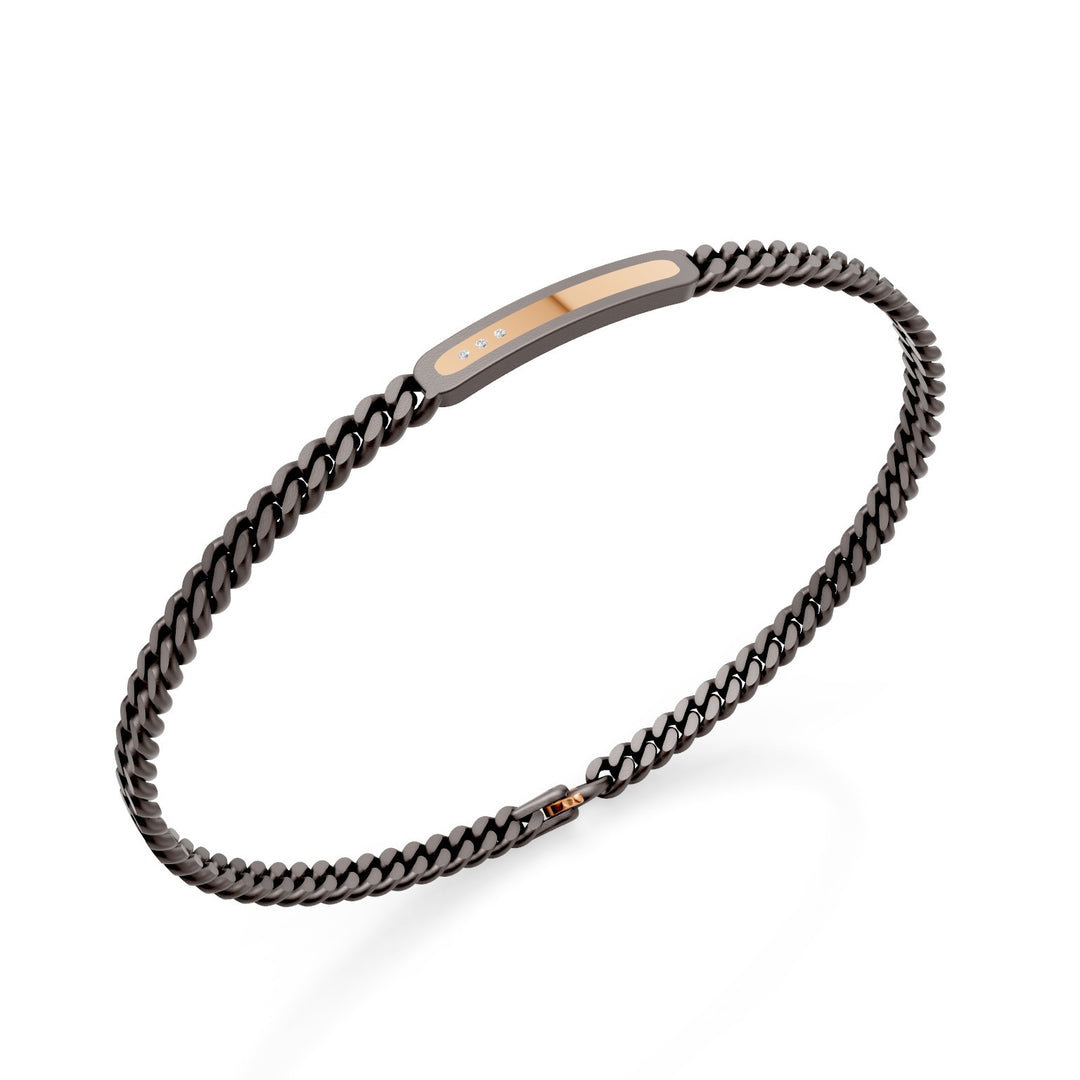 World Diamond Group gray titanium groumette bracelet, with central bar and bar insert in 18k rose gold, set with diamonds, 20cm GBR049O3DIGR-200