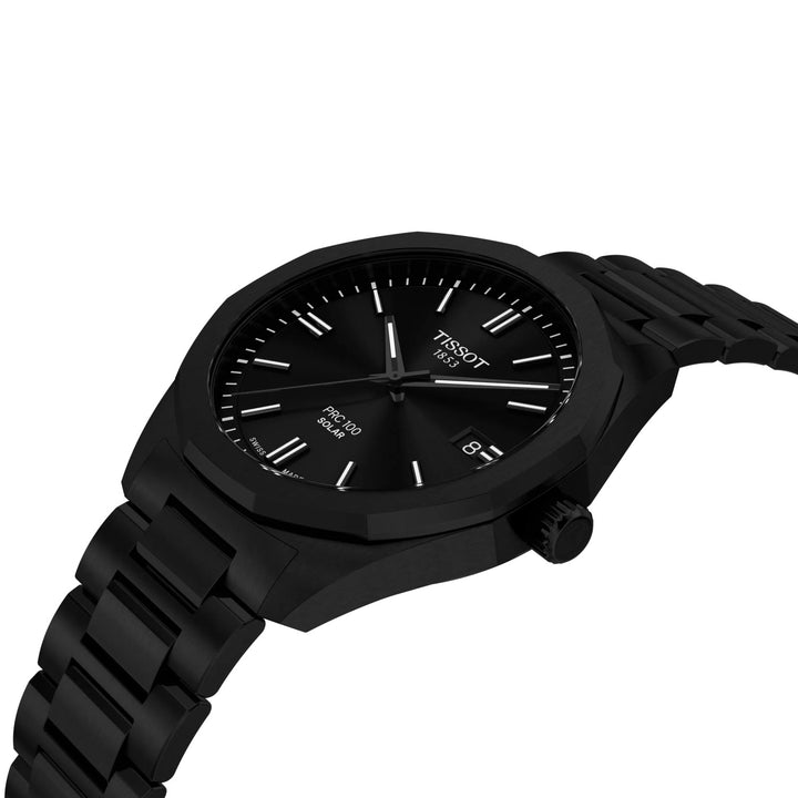 Tissot-Uhr PRC 100 Solar 39 mm, schwarzer Quarzstahl, schwarzes PVD-Finish T151.422.33.051.00