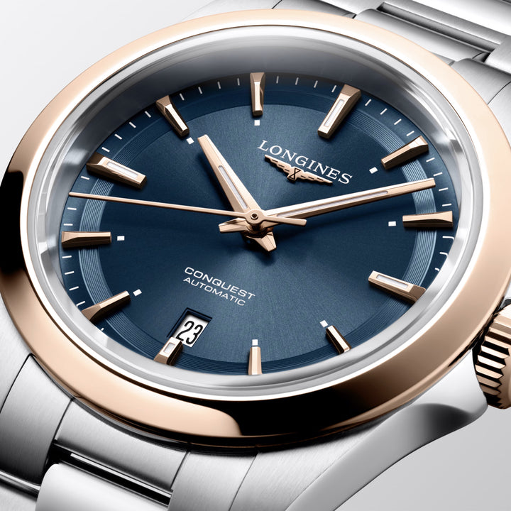 Longines horloge Conquest 30mm blauw automatisch staal PVD afwerking rosé goud L3.320.5.92.6