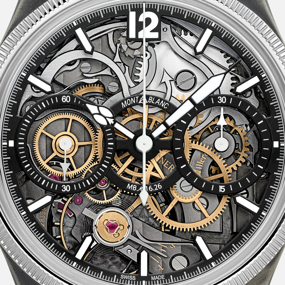 Montblanc horloge 1858 The Unveiled Secret Minerva Monopusher Chronograph Limited Edition - 88 stuks 43 mm geskeletteerd handmatig staal 131155