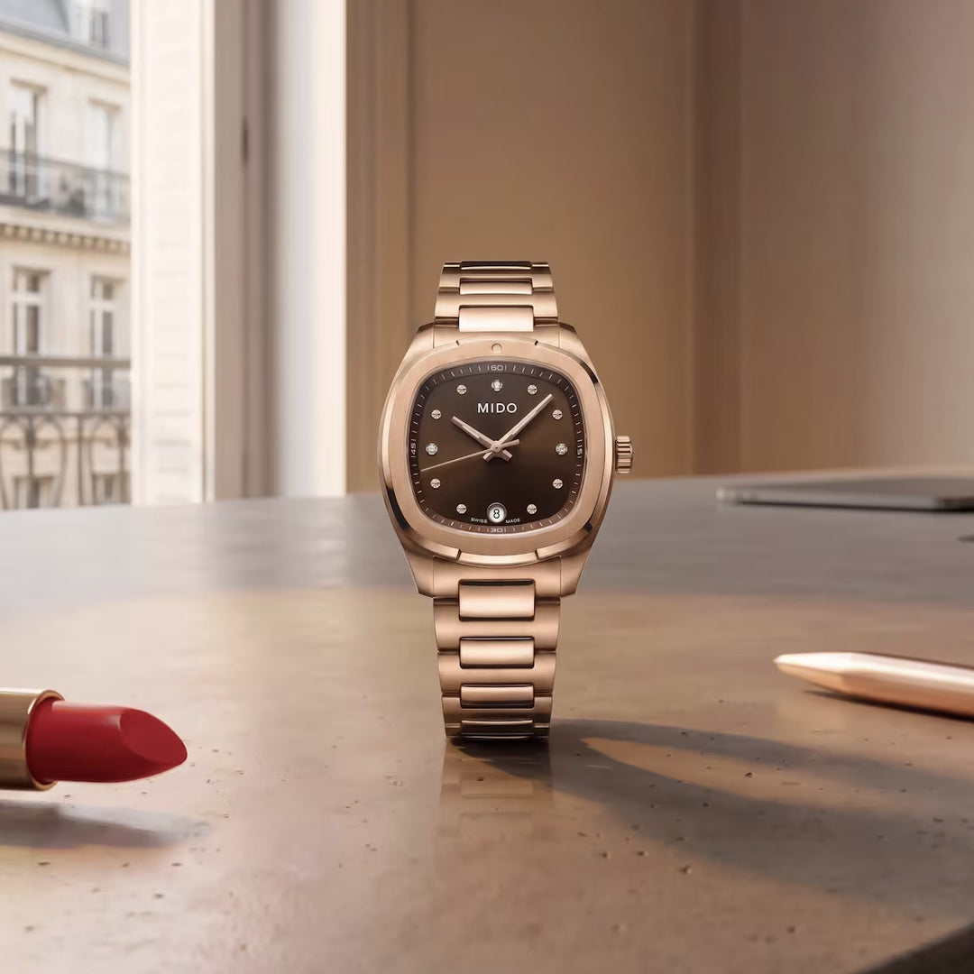 Mido Multifort TV 28 mm bruin quartz staal rosé goud PVD afwerking M049.110.33.296.00