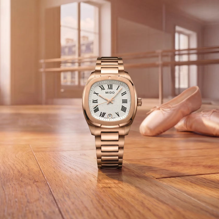 Mido-Uhr Multifort TV 28 mm Elfenbein Quarzstahl PVD Roségold M049.110.33.263.00