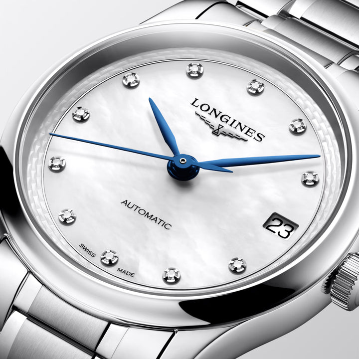 Longines Master Collection watch 34mm mother of pearl diamonds automatic steel L2.450.4.87.6