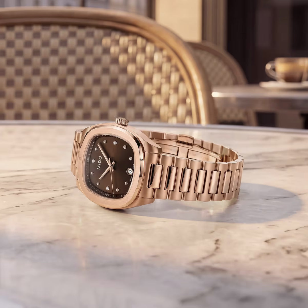 Mido Multifort TV 28 mm bruin quartz staal rosé goud PVD afwerking M049.110.33.296.00