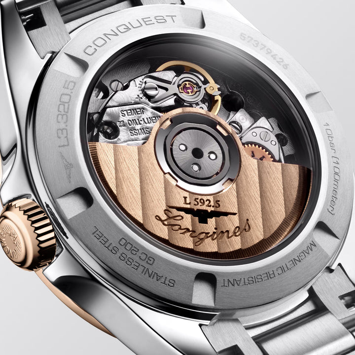 Longines horloge Conquest 30mm blauw automatisch staal PVD afwerking rosé goud L3.320.5.92.6