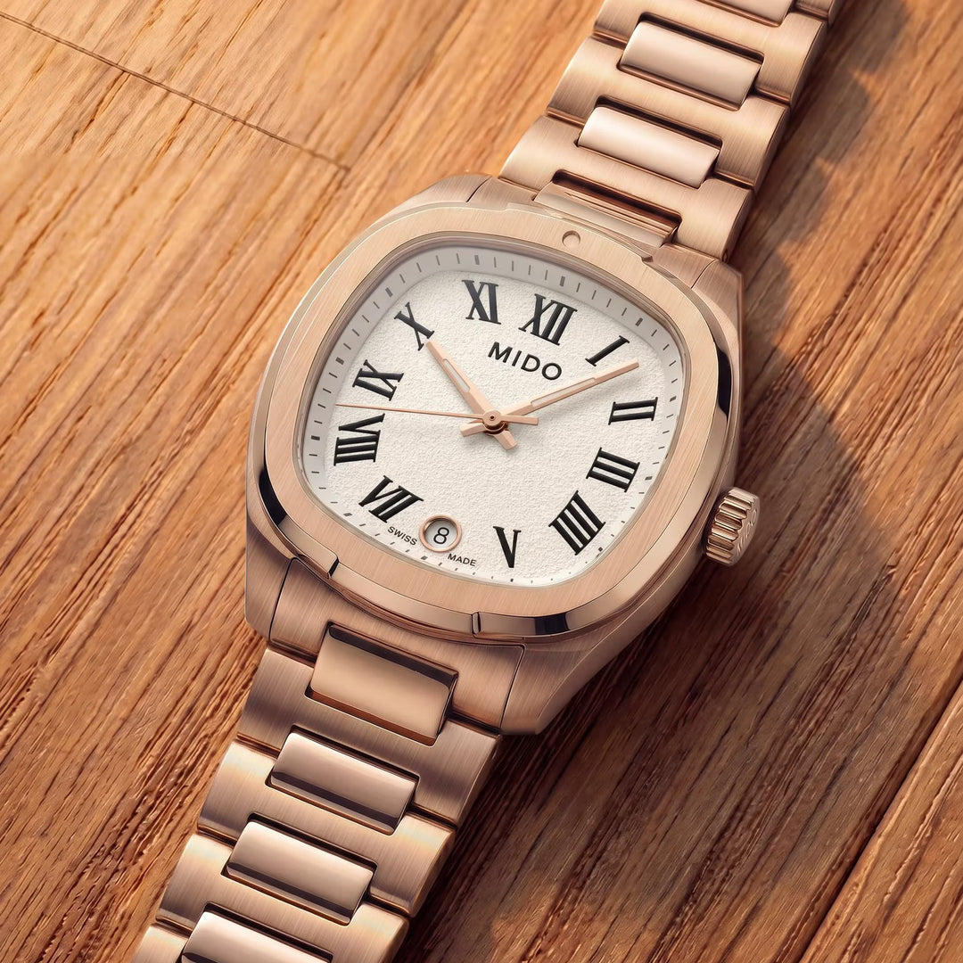 Mido-Uhr Multifort TV 28 mm Elfenbein Quarzstahl PVD Roségold M049.110.33.263.00