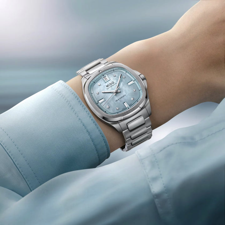 Mido horloge Multifort TV 35 34x35mm blauw parelmoer diamanten automatisch staal M049.307.11.136.00